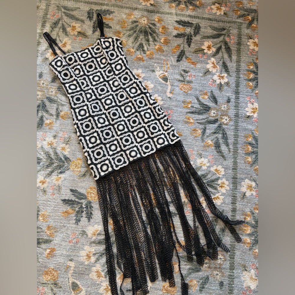 Saylor Risette Crochet Fringe Hem Dress Black and Cream Maxi medium - Picture 2 of 7